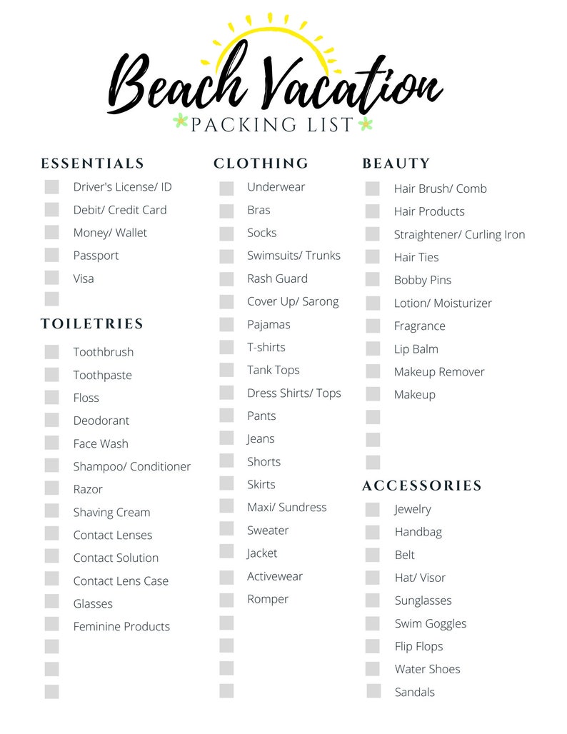 Beach Vacation Packing List Printable Instant Download | Etsy