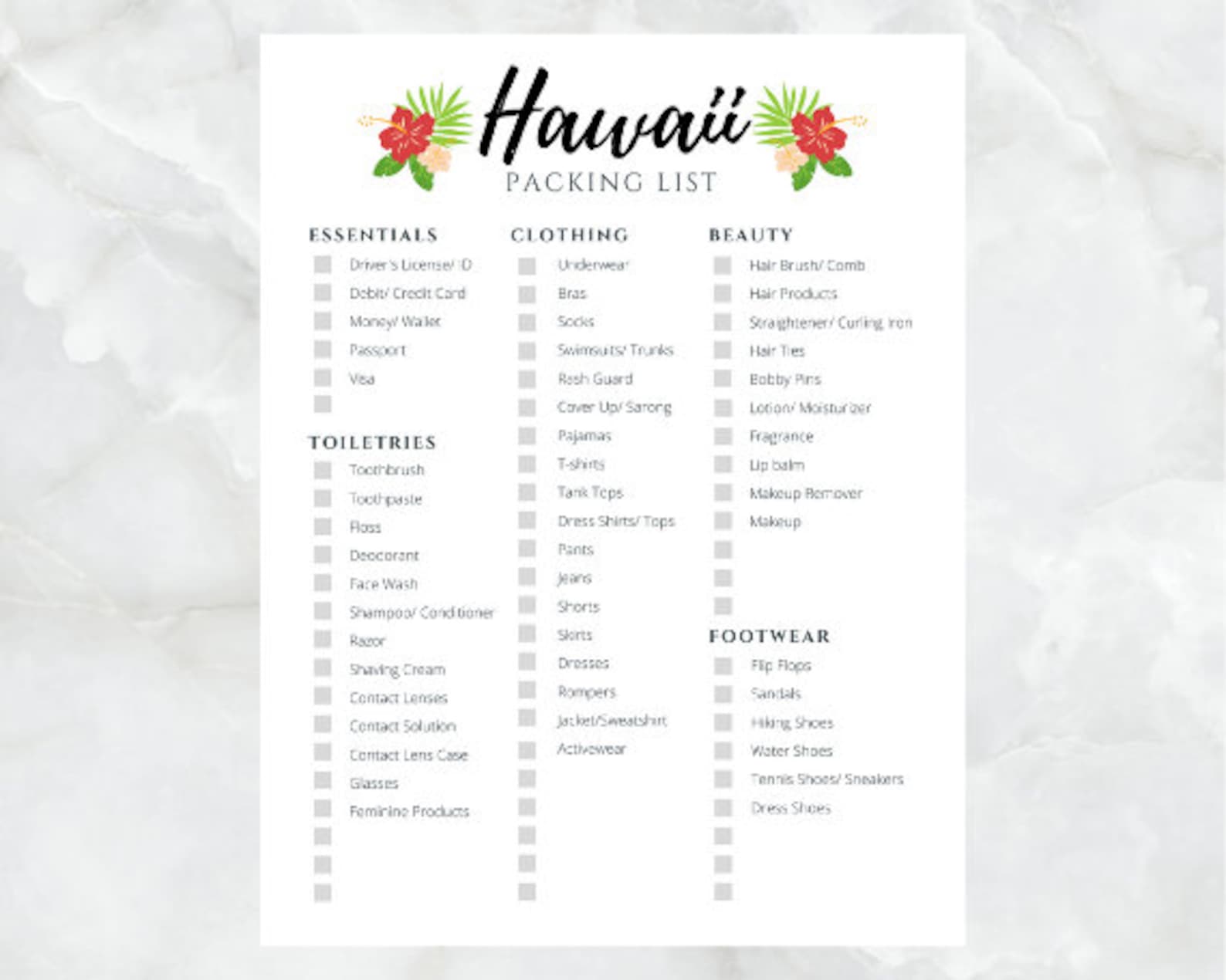Hawaii Packing List | Printable | Instant Download - Etsy Australia