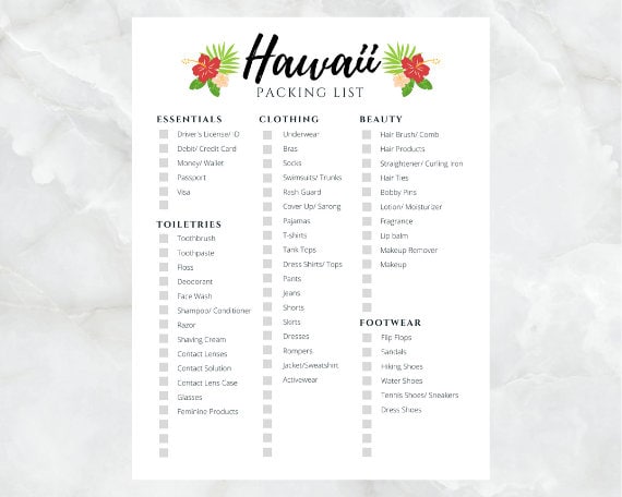 Hawaii Packing List | Printable | Instant Download - Etsy