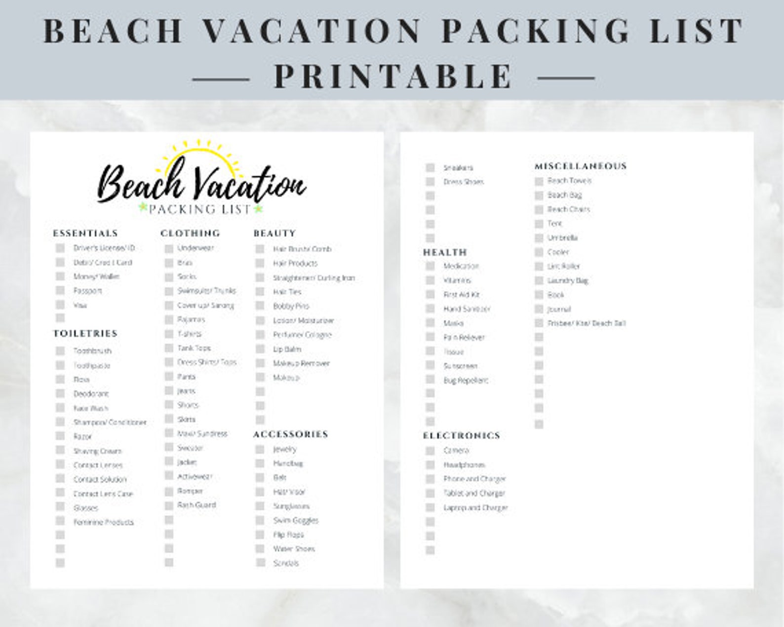beach vacation packing list printable instant download etsy