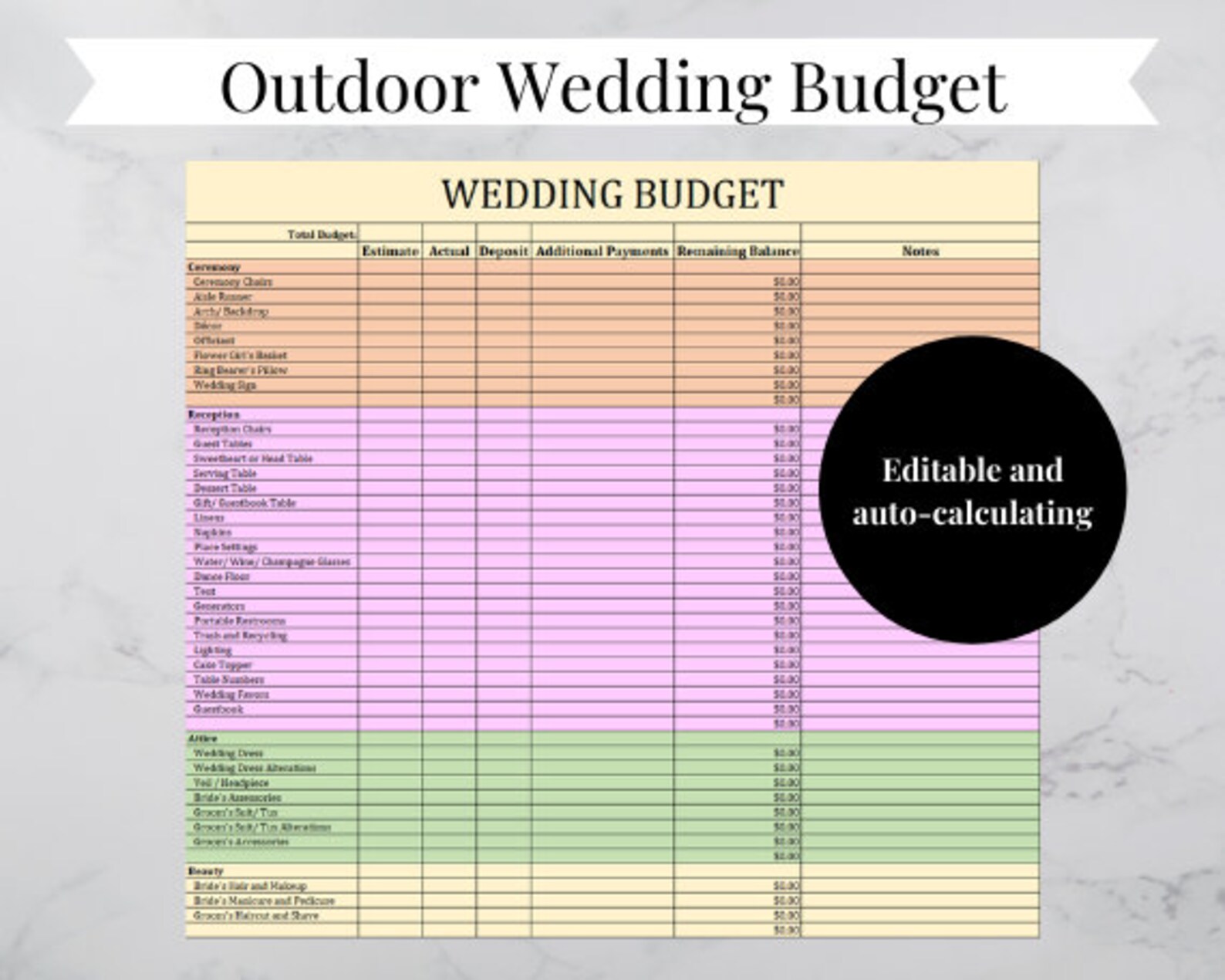 Outdoor Wedding Budget Template Backyard Wedding Budget | Etsy