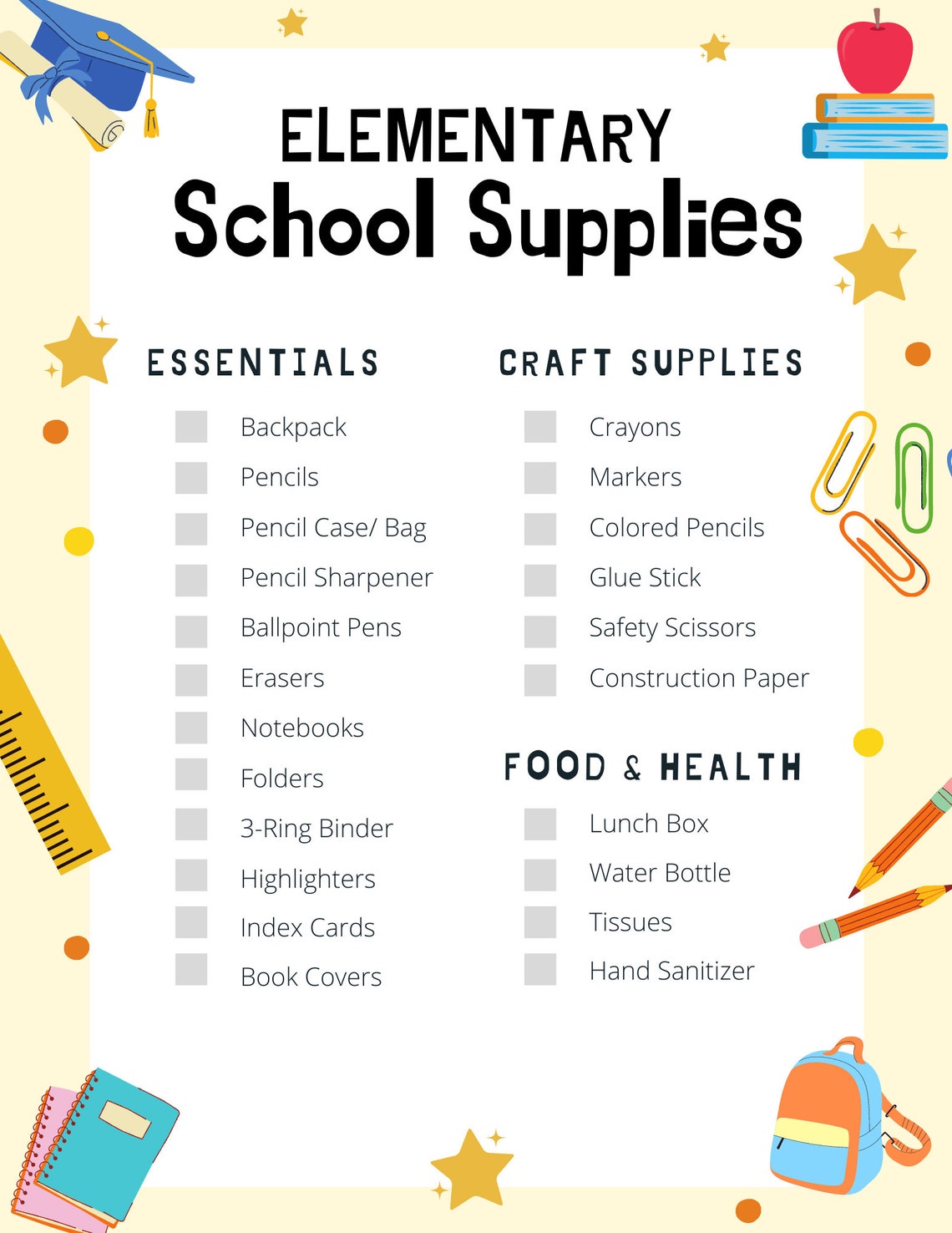Elementary School Supplies List Back to School Supplies Printable Etsy