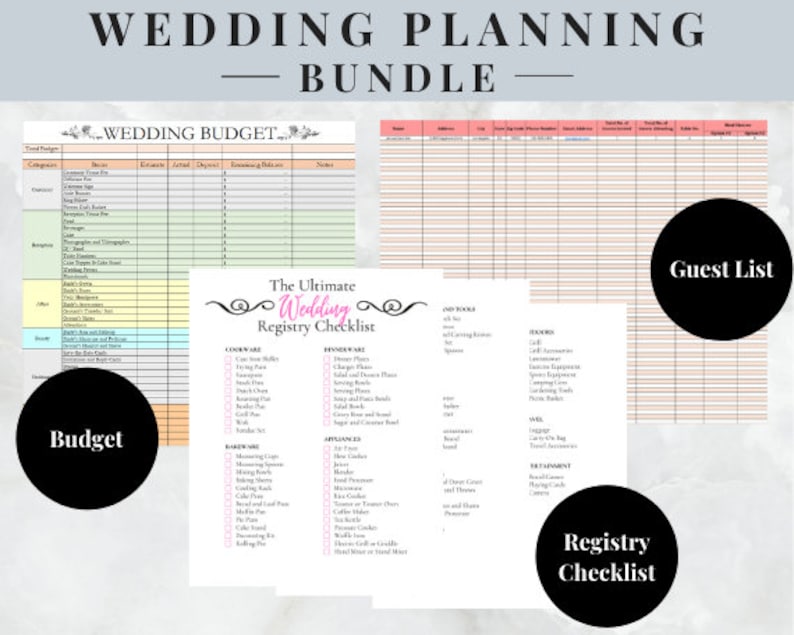 Wedding Budget Spreadsheet | Wedding Guest List Spreadsheet | Wedding Registry Checklist | Bundle image 1
