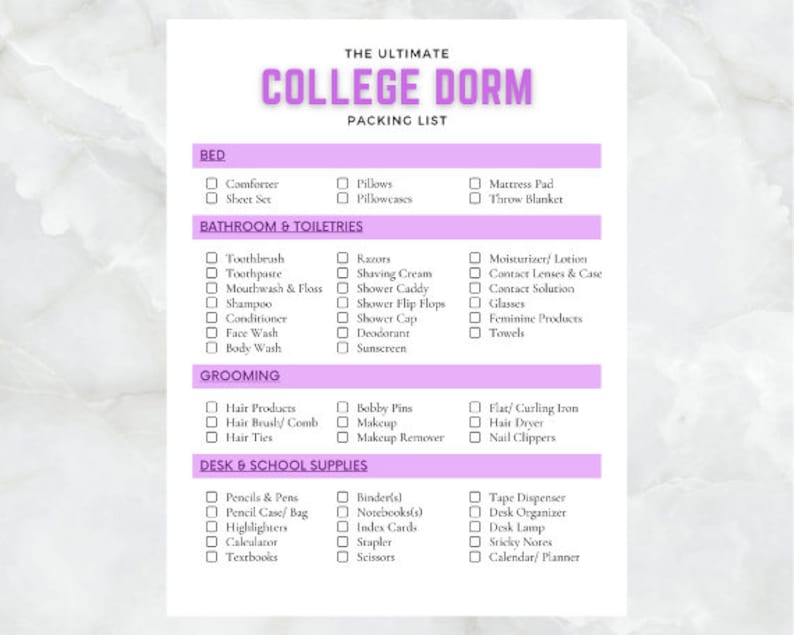 College Dorm Packing List University Student Checklist College