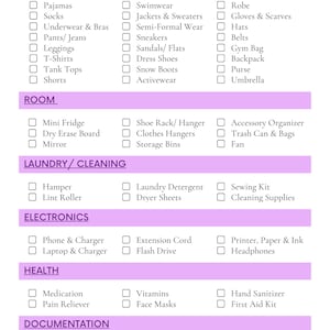 May include: A checklist with a purple header and white checkboxes. The checklist is divided into categories: Clothing & Accessories, Room, Laundry/Cleaning, Electronics, Health, and Documentation. Each category lists items to pack for a trip.