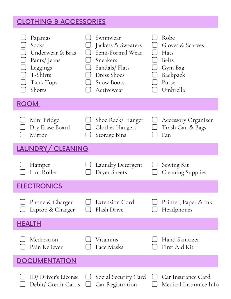 May include: A checklist with a purple header and white checkboxes. The checklist is divided into categories: Clothing & Accessories, Room, Laundry/Cleaning, Electronics, Health, and Documentation. Each category lists items to pack for a trip.
