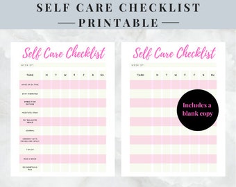 Puede incluir: Lista de verificación de autocuidado imprimible con un esquema de color rosa y blanco. La lista de verificación incluye tareas como despertarse a tiempo, mantenerse hidratado, pasar tiempo al aire libre, meditar, comer comidas balanceadas, llevar un diario, conectarse con amigos o familiares, leer un libro y hacer algo divertido. La lista de verificación está diseñada para una semana e incluye una copia en blanco.
