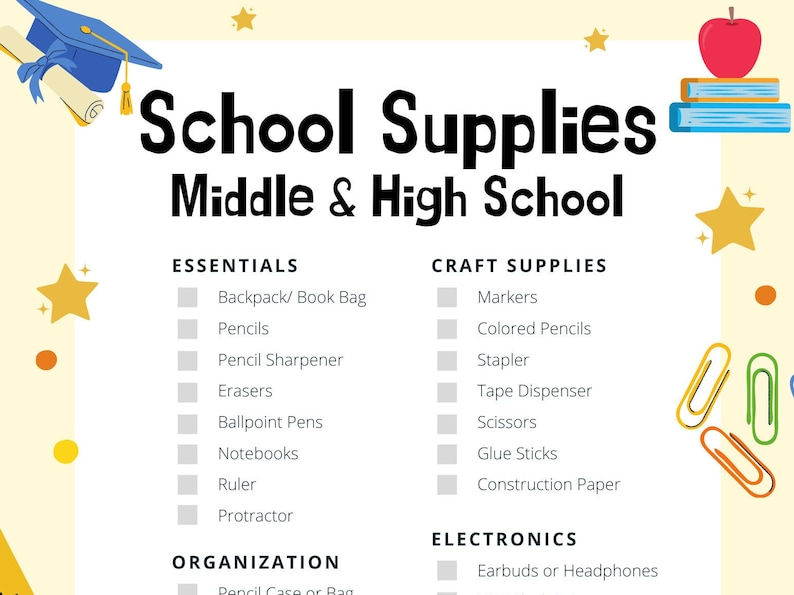 Middle and High School Supplies List Printable Back to Etsy