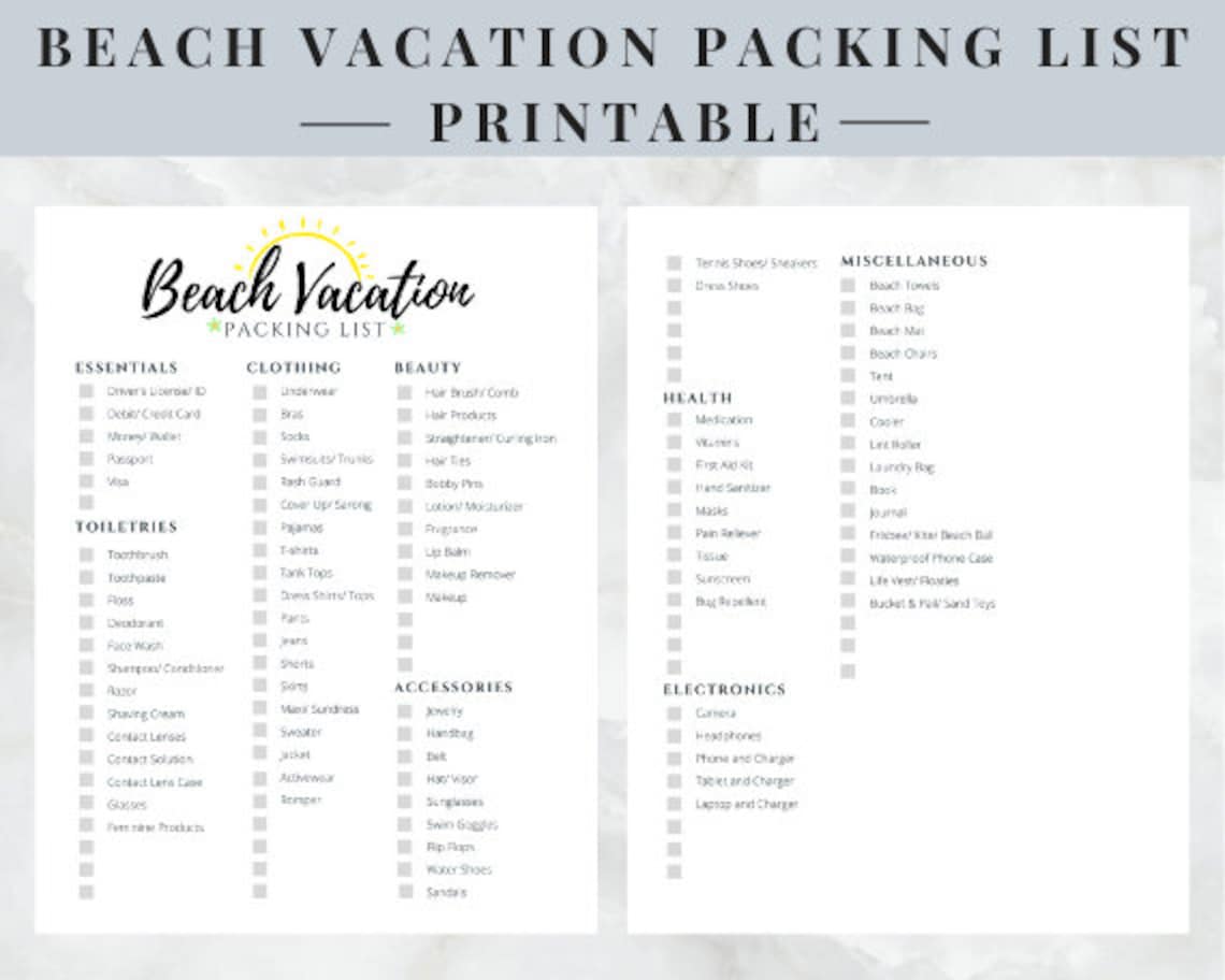 beach vacation packing list printable instant download etsy