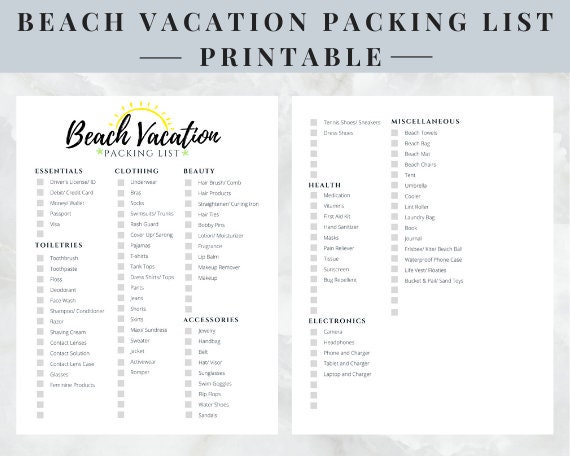beach vacation packing list printable instant download etsy hong kong