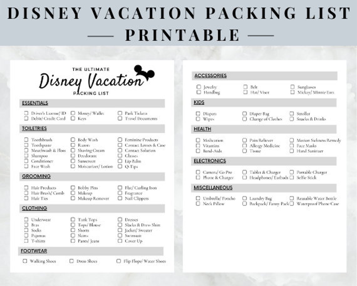 Disney Vacation Packing List | Printable | Instant Download - Etsy