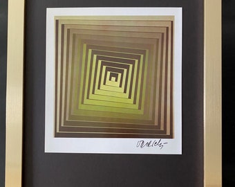 VICTOR VASARELY + Impressão geométrica abstrata assinada dos anos 1970 + Nova moldura. + Compre agora!