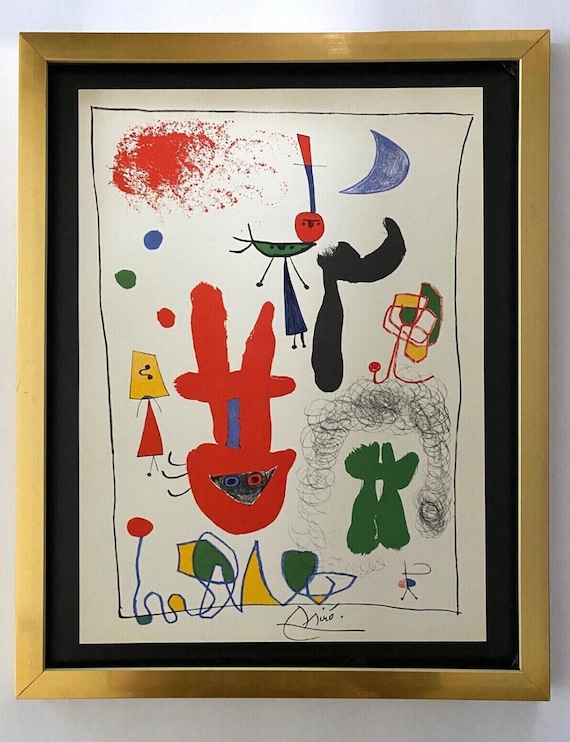 Miro 抽象画 サイン入り Joan Miro | Vintage 1958 Signed Colorful Print | Mounted and