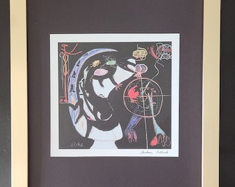 May include: A black and white framed print of an abstract painting with colorful lines and shapes. The artist's signature is visible in the bottom right corner. The print is titled "Jackson Pollock".