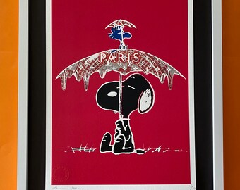 【DEATH NYC】Snoopy Takes Off！ DEATH NYC Hand Signed Street Art Print Large Framed 16x20in