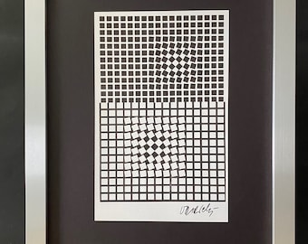 VICTOR VASARELY + Impressão geométrica abstrata assinada dos anos 1970 + Nova moldura. + Compre agora!