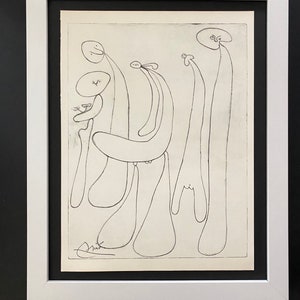 Könnte beinhalten: Schwarz-weiß-Linienzeichnung von fünf abstrakten Figuren mit Gesichtern. Die Figuren sind stilisiert und ähneln Menschen. Die Zeichnung ist unten links mit "Dink" signiert.