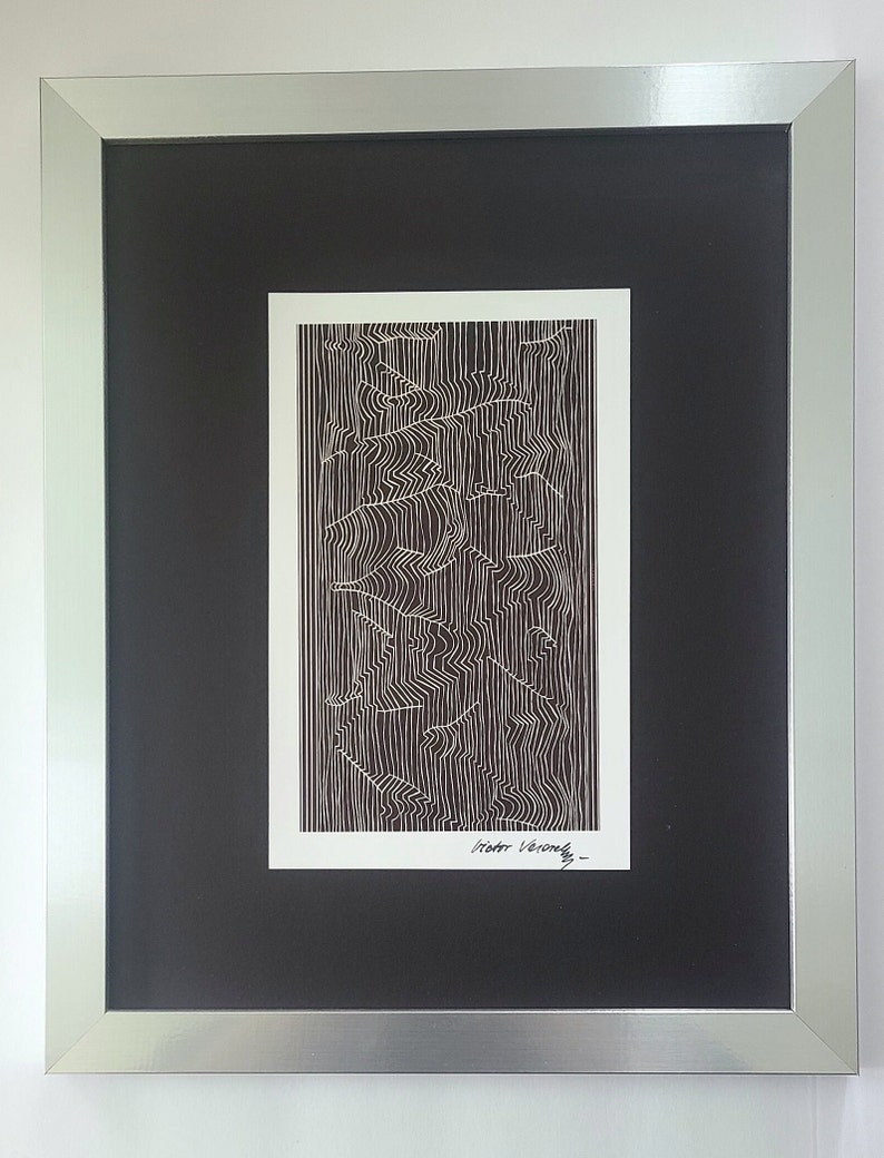 May include: A black and white abstract line art print framed in a silver frame. The print is signed "Peter Vejdovsky" in the bottom right corner.