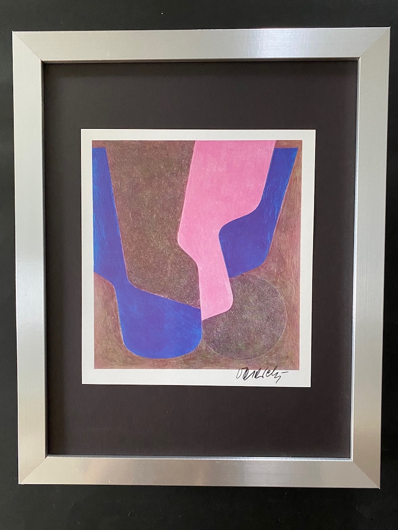 May include: Abstract art print with blue, pink, and brown shapes. The print is signed "Daniels".