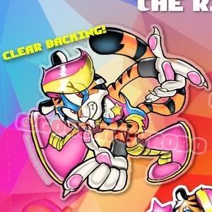 May include: Three colorful stickers featuring a cartoon tiger wrestler in different poses. The tiger is wearing a pink, blue, and yellow wrestling outfit with a star on the chest. The stickers are available for purchase on Etsy.com/gogogandyart.  The text "VIOLENTIGER" is on one of the stickers.