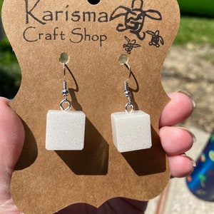 White glitter cube drop earrings