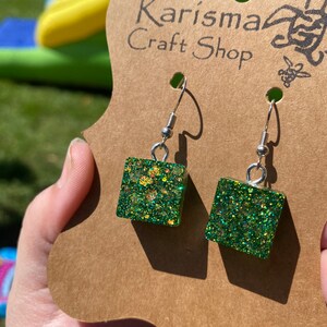 Emerald Green glitter cube drop earrings