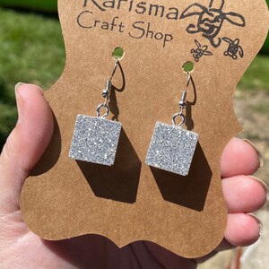 Silver glitter cube drop earrings