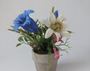 Silk Alpine flower Pot with Edelweiss, Gentian and Alpine Rose