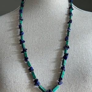 Vintage Malachite Bead-Lapis Chip Necklace with Silver Accent