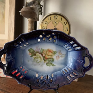 Beautiful Vintage German Cobalt Blue Floral Trinket Dish