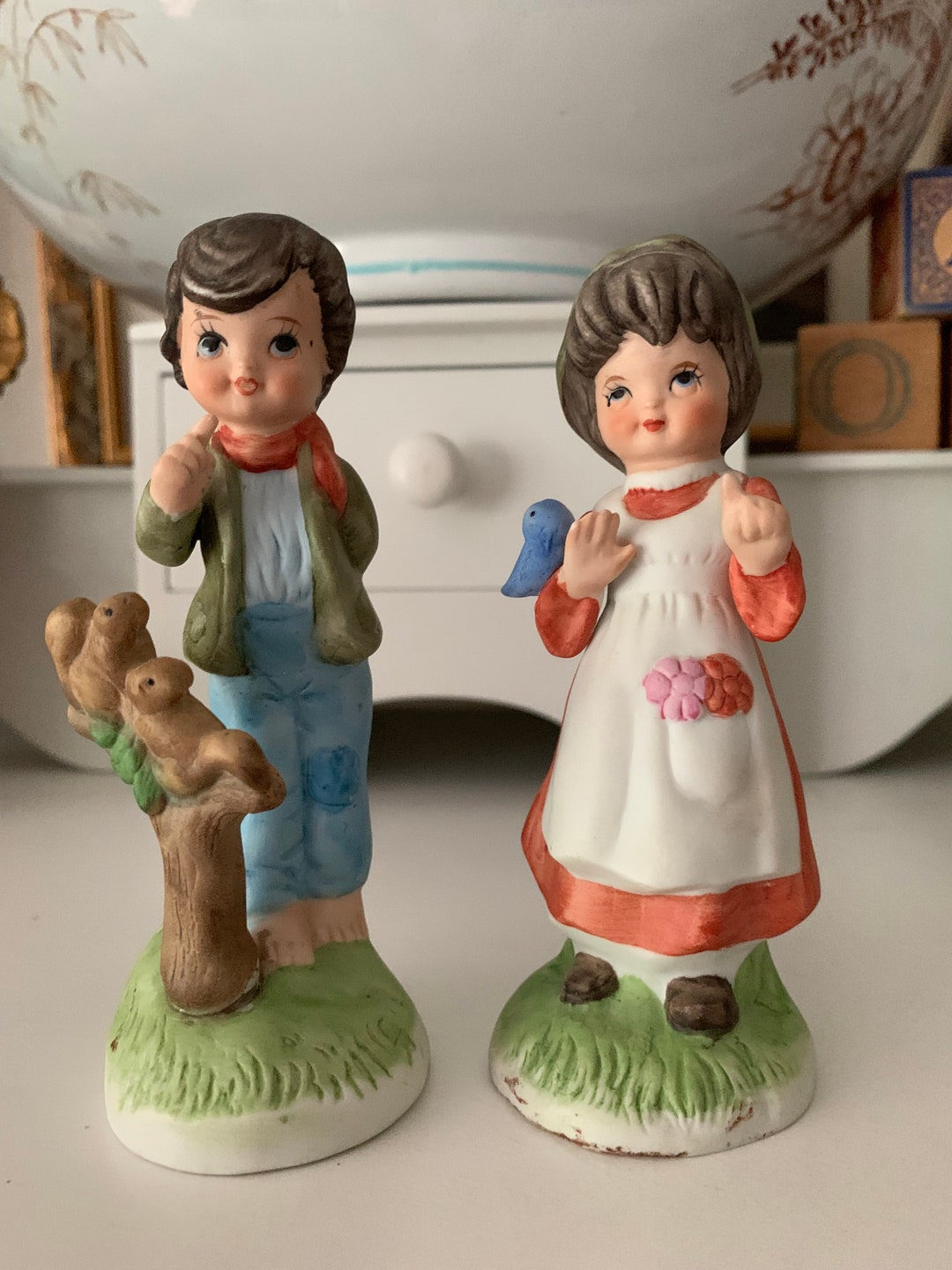 Vintage Toma Porcelain Figurines boy and Girl With Birds Etsy