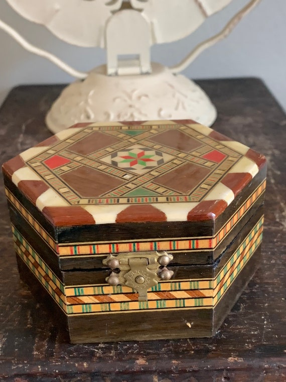 Handmade Vintage Hexagonal Marquery Trinket Box
