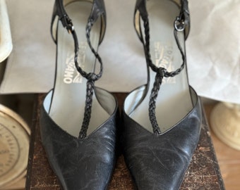 Retro Salvatore Ferragamo T-Strap  Kitten Heel Pump
