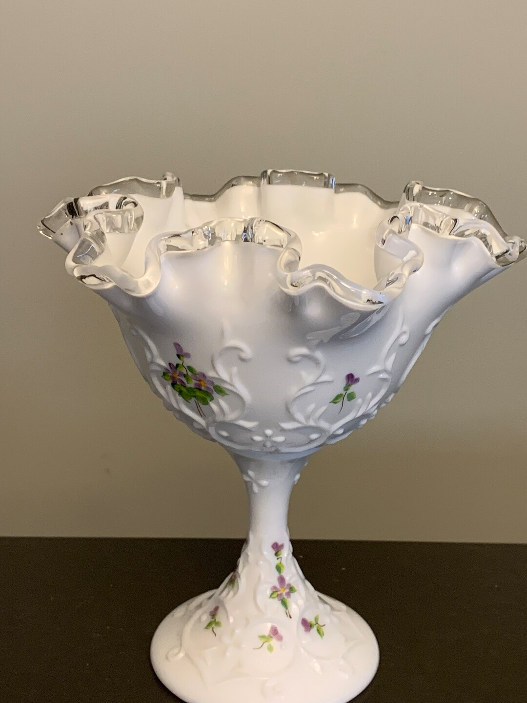 Beautiful Fenton Compote Silver Crest Spanish Lace Violets in Etsy