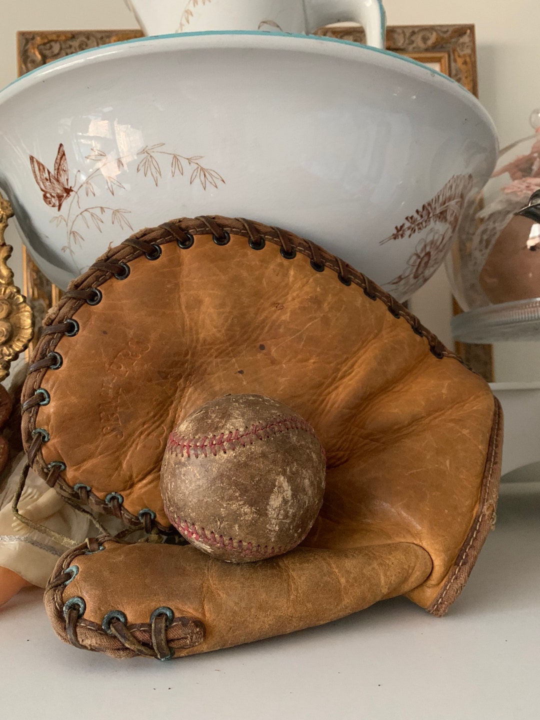 Vintage Baseball Mitt With Ball Etsy