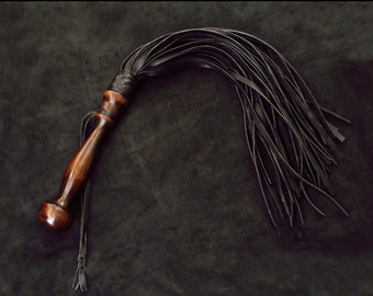 Heavy Leather Flogger with Wooden Grip, Black BDSM leather Flogger fetish whip