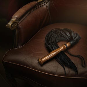 May include: A black leather flogger featuring a smooth, polished wooden handle with a rounded pommel. The handle is connected to a bundle of thin, flexible black leather strips that fan out, secured by a braided leather collar at the base.