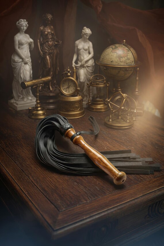 Handcrafted Leather Flogger with Wooden Handle Heavy Whip With Wide Tails