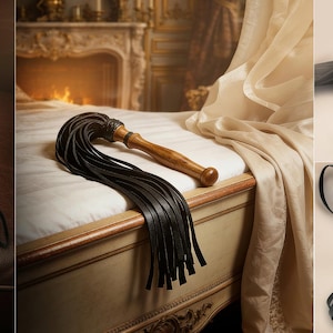 May include: A multi-panel view of a flogger featuring a polished wooden handle with a smooth, rounded grip and a flared pommel. Attached to the handle is a cluster of long, thin, black leather strips that fan out, accompanied by a thin leather wrist loop.