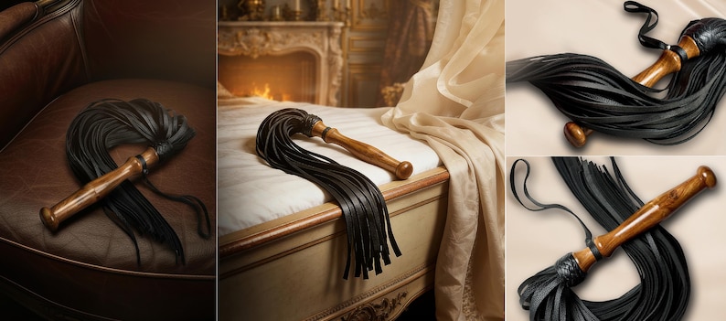 May include: A multi-panel view of a flogger featuring a polished wooden handle with a smooth, rounded grip and a flared pommel. Attached to the handle is a cluster of long, thin, black leather strips that fan out, accompanied by a thin leather wrist loop.