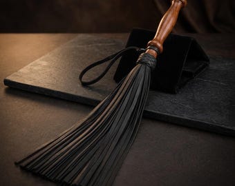 Handcrafted Leather Flogger with Wooden Handle Heavy Whip With Wide Tails