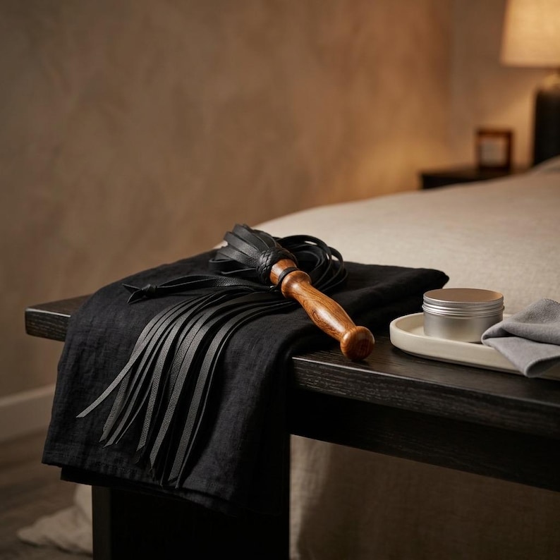 May include: A black leather flogger with a polished wooden handle featuring multiple long, thin leather strips attached to a braided leather collar. The flogger rests on a folded black fabric cloth next to a small silver metal tin container.