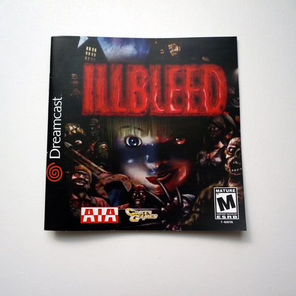Reproduction of manual for retro game, illbleed, dreamcast, sdc, horror game, replacemant document, inset, dreamcast manual