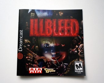 Reproduction of manual for retro game, illbleed, dreamcast, sdc, horror game, replacemant document, inset, dreamcast manual
