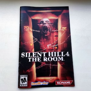 May include: A video game cover for Silent Hill 4: The Room. The cover features a red and black background with a chained door and a screaming figure behind it. The game is rated M for Mature by the ESRB.