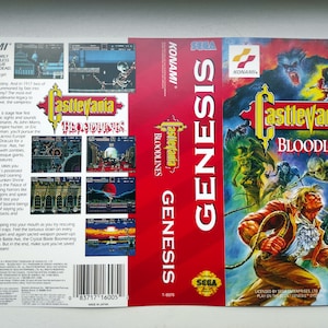 May include: A red and white Sega Genesis game cartridge for Castlevania Bloodlines. The front of the cartridge features a colorful illustration of a man with a whip fighting a variety of monsters. The back of the cartridge features a description of the game and screenshots.