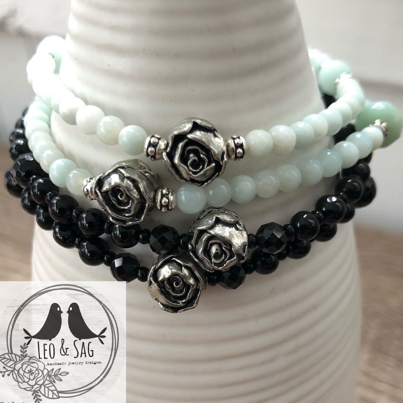 Pewter Rose Garden Gemstone Elastic Stacking Bracelets