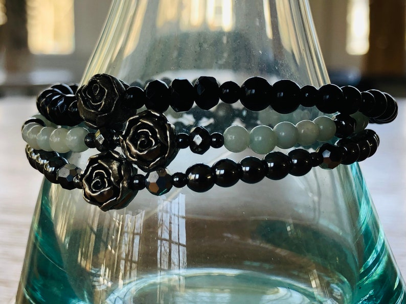 Pewter Rose Garden Gemstone Elastic Stacking Bracelets