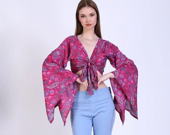Gugi Anna Silk Long Sleeve Blouse Wrap Top, Women Free Size Blouse