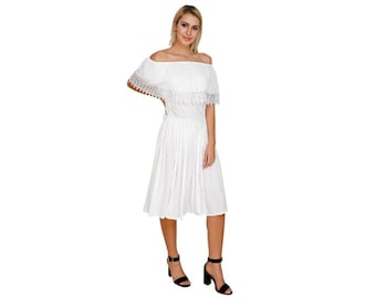 Gugi Lace Trim Off the Shoulder Dress , Mexican Traditional Dress, Women White Long Dress , gift for her